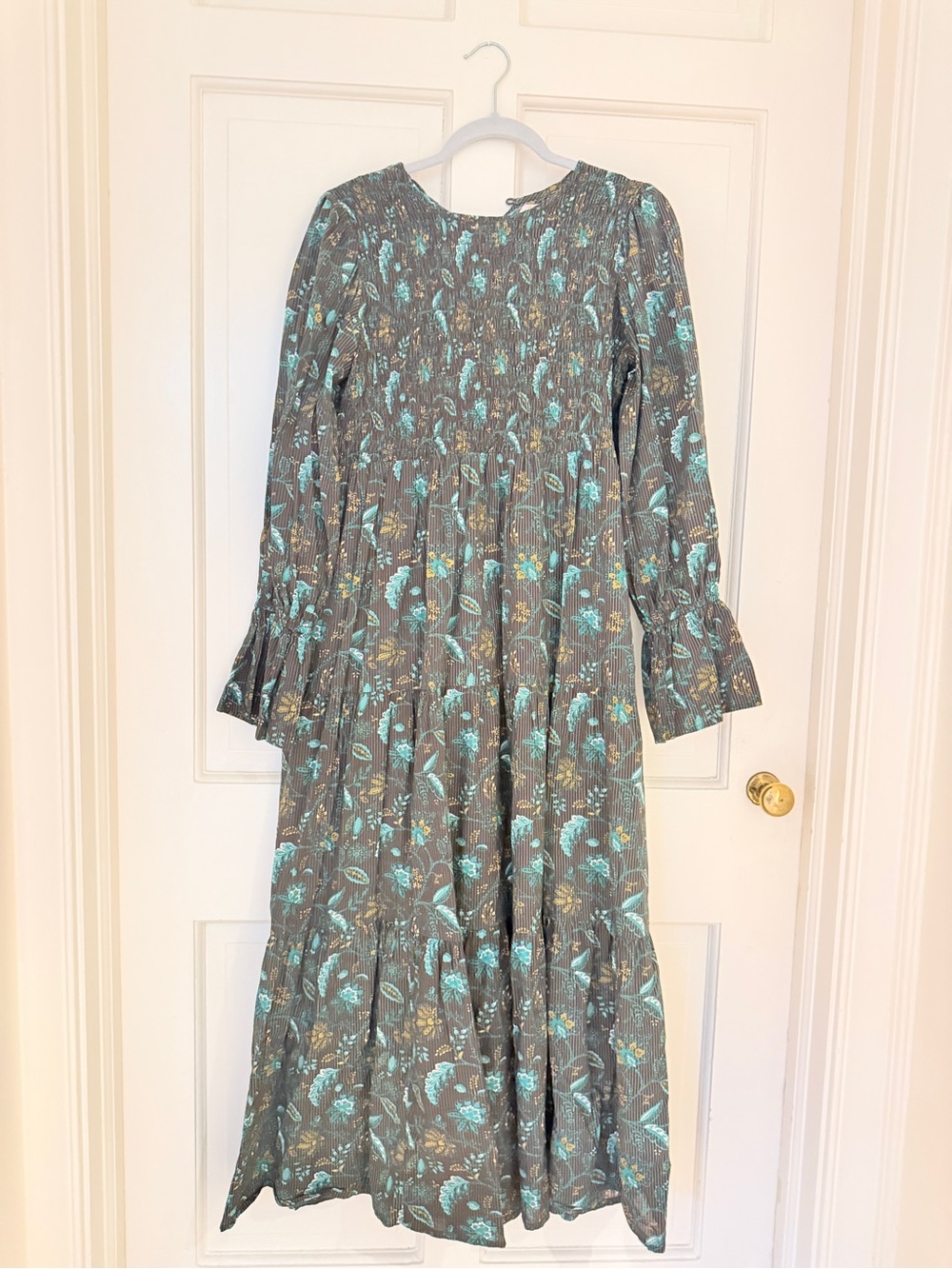 Teal Floral Grey Maxi Dress with Long Sleeves